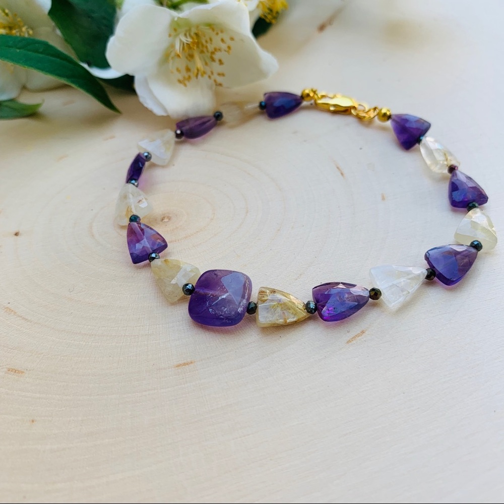 Amethyst Crystal & Quartz Gemstone Gold Bracelet